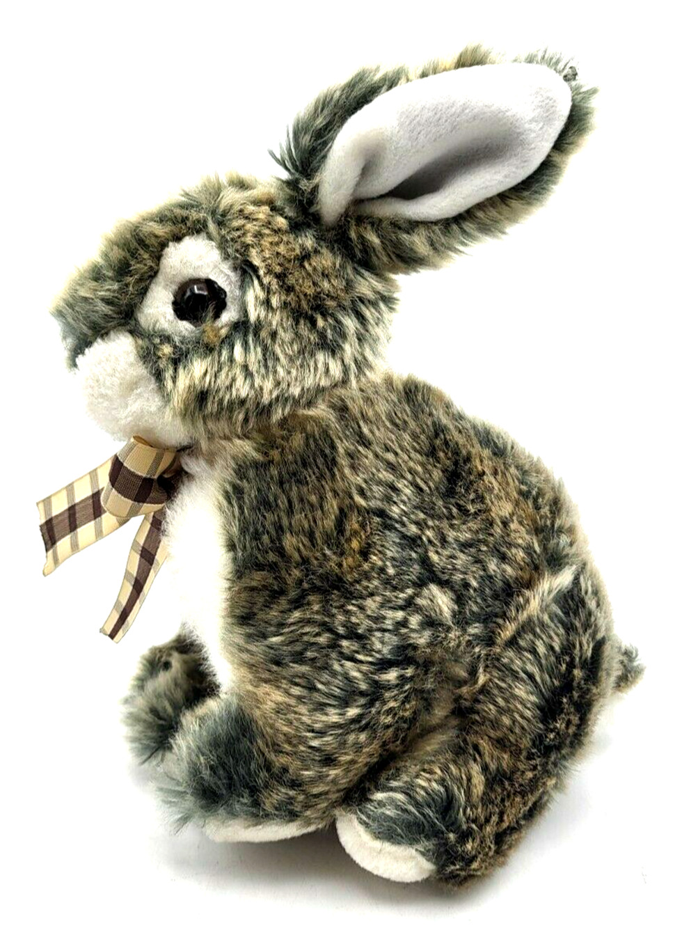 HOMERBEST Realistic Gray Bunny Rabbit Plush Fluffy 9" with Brown Plaid Bow